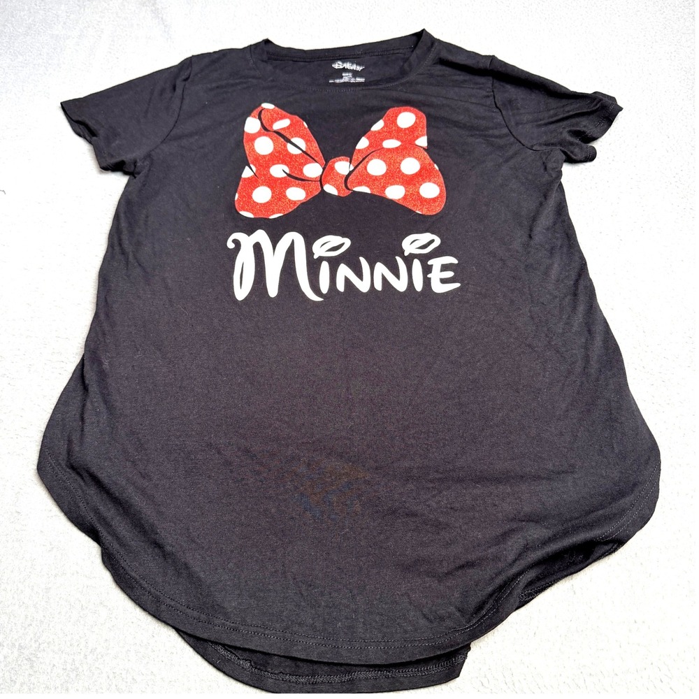 Disney Minnie Mouse Graphic T-Shirt Black Red Glitter Bow High Low Hem XL 15/17